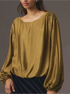 Anthropologie Satin Balloon-Sleeve Blouse in Olive Green